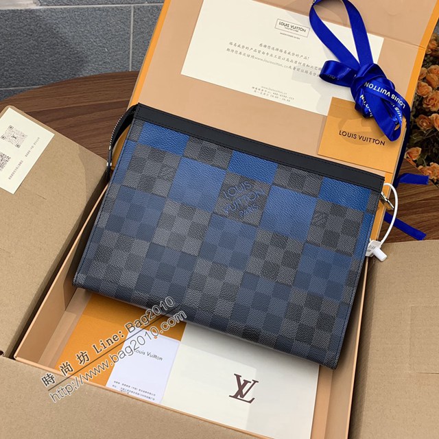 LV專櫃2023新款升級版男士手包 N60412藍格 路易威登Pochette Voyage手拿包 dn1046